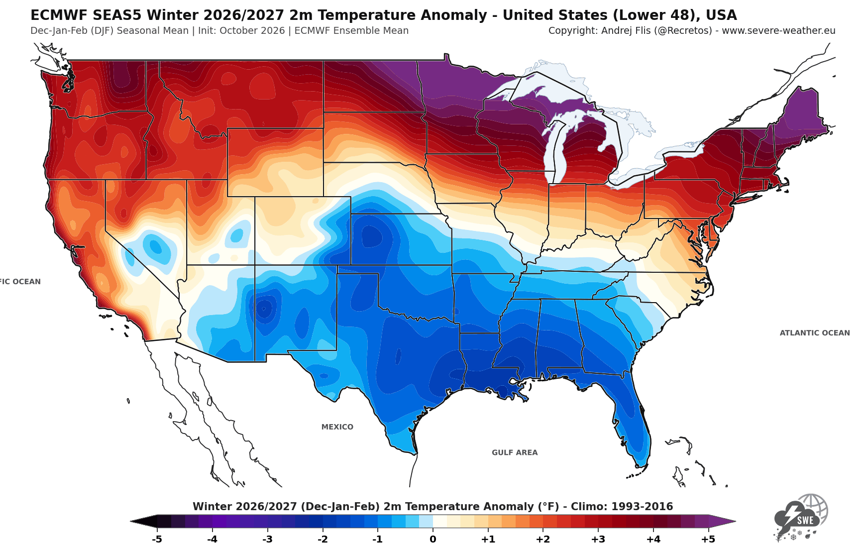 ECMWF winter 2026/2027 temperature forecast for the United States, showing departure from normal